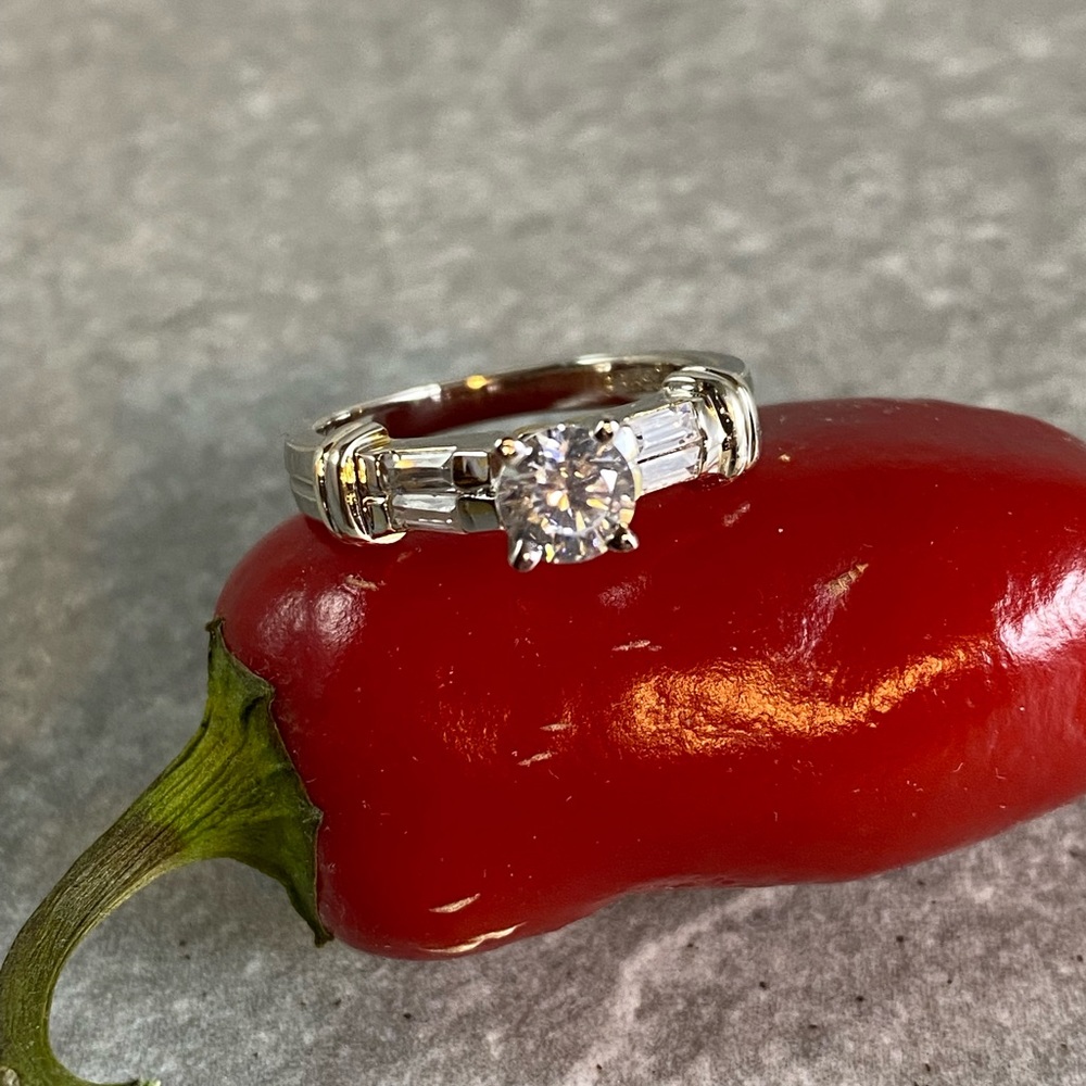 Classic silver ring solitaire with baguettes CZ